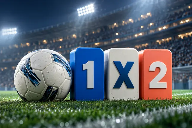 Tecknen 1, X och 2 som blå, vit och röd kub bredvid en fotboll – Topptipset live